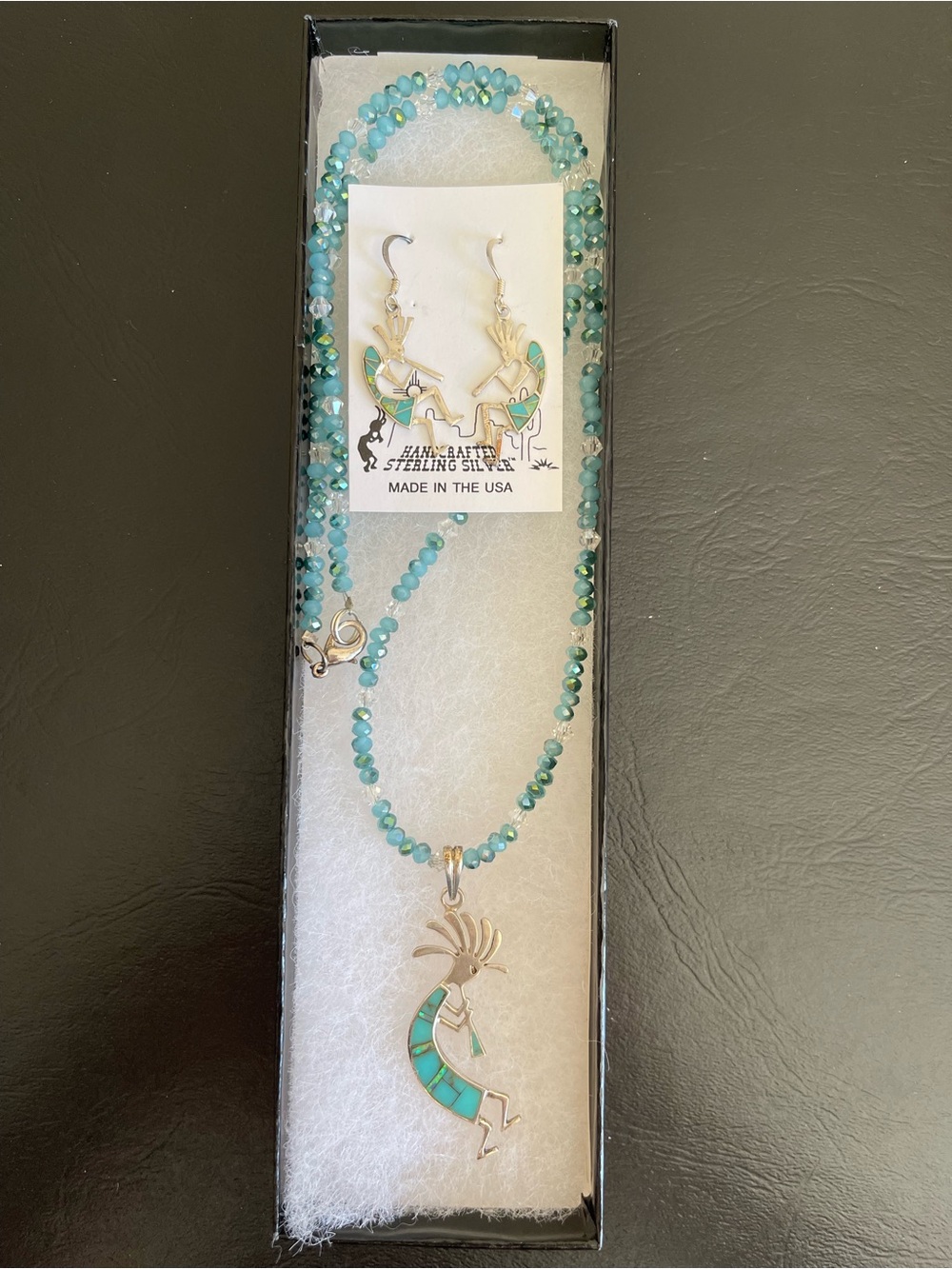 Sterling silver Turquoise & opal inlay kokopelli Necklace & Earrings Set .